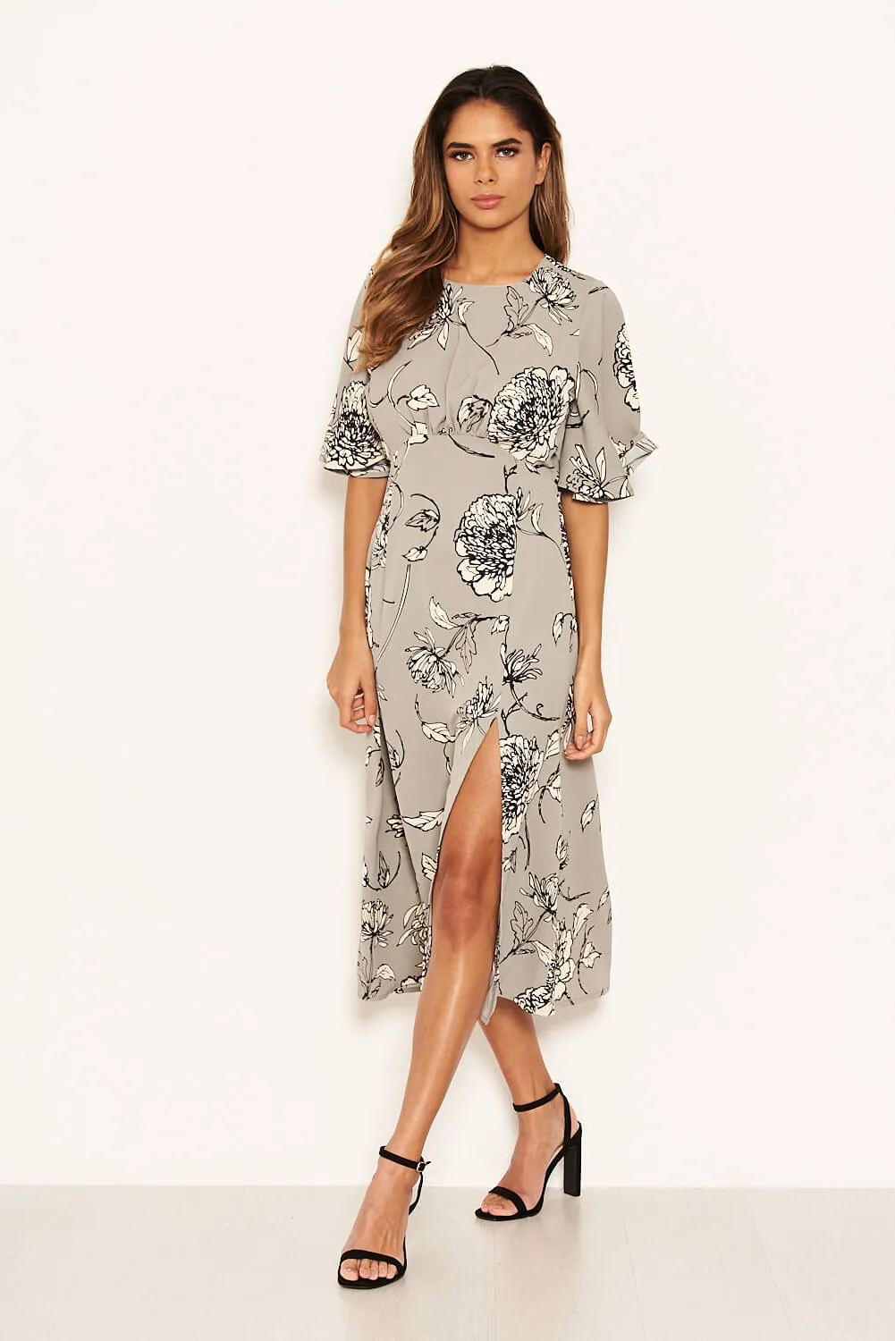 Grey Floral Gathered Split Midi Dress sold by AX Paris product image thumbnail 3