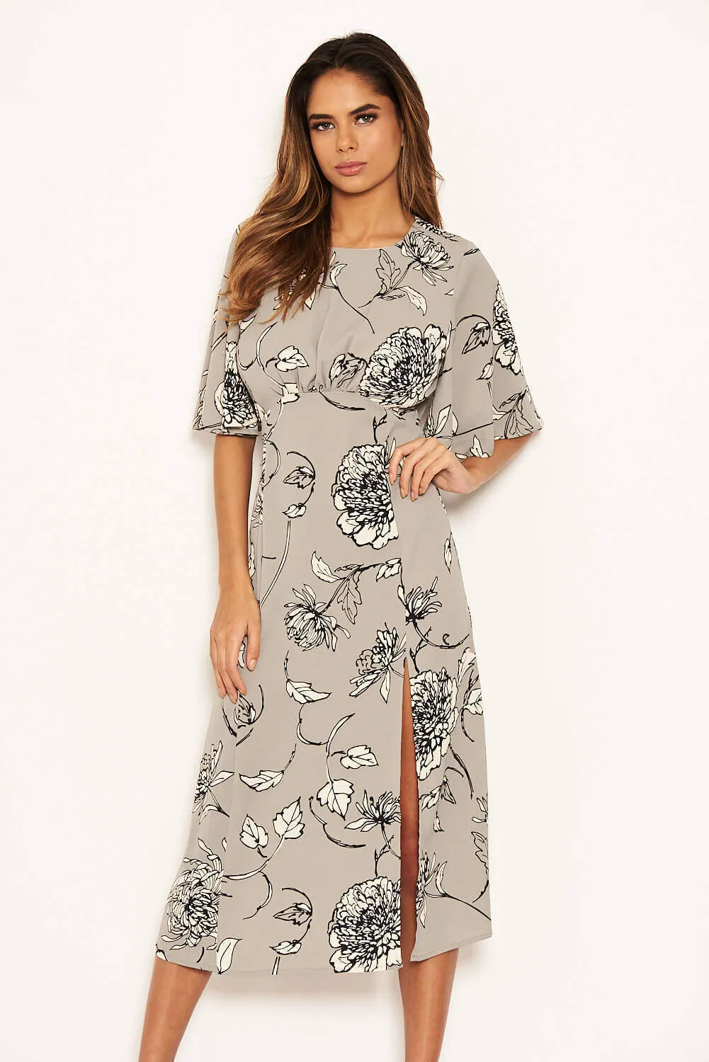 Grey Floral Gathered Split Midi Dress sold by AX Paris product image thumbnail 4