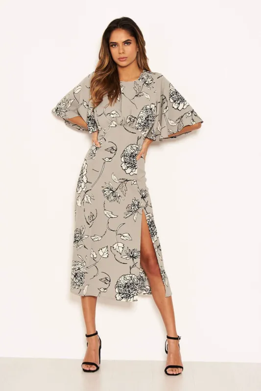 Grey Floral Gathered Split Midi Dress sold by AX Paris
