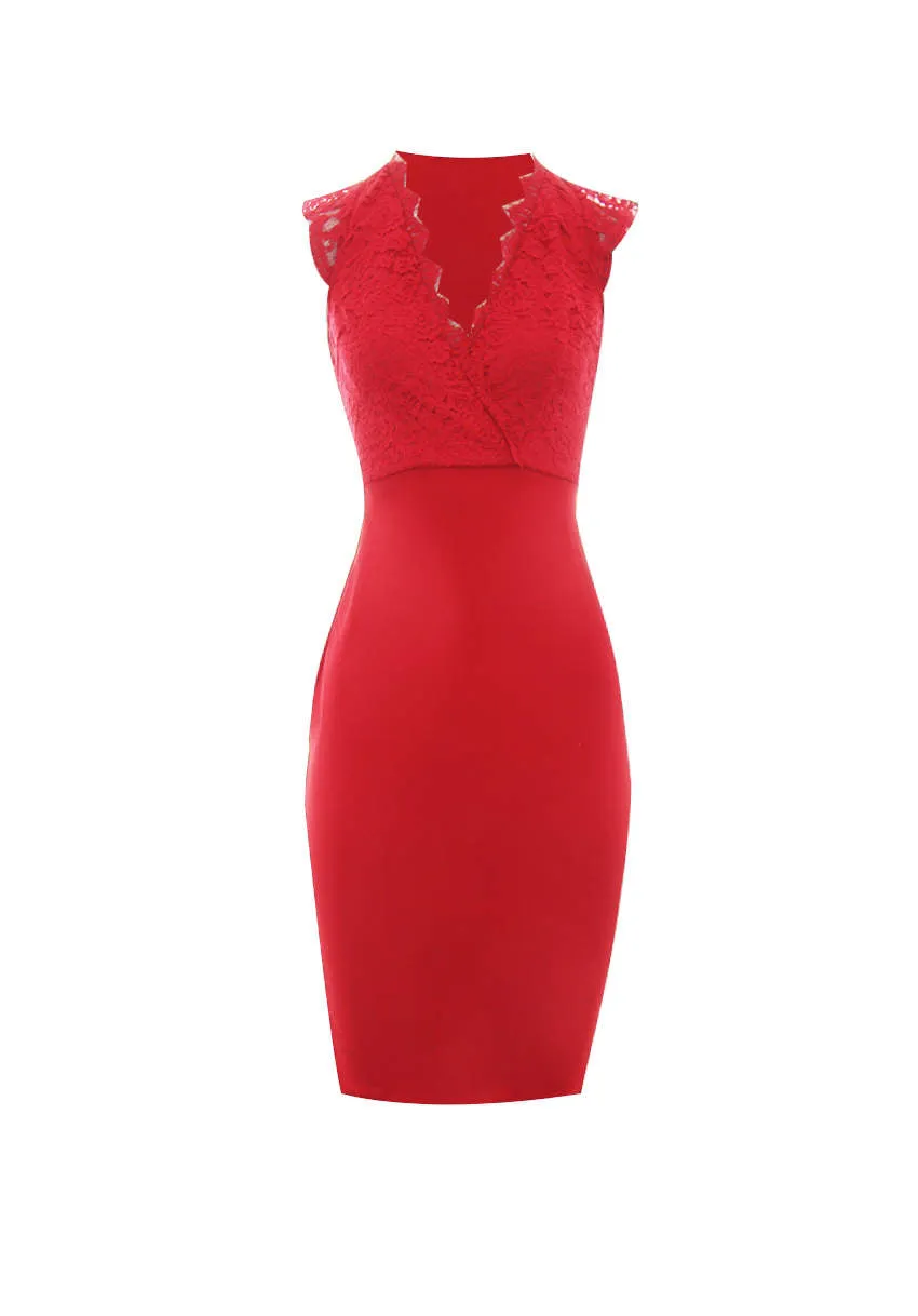 Red V-Neck Lace Midi Dress sold by AX Paris product image thumbnail 4