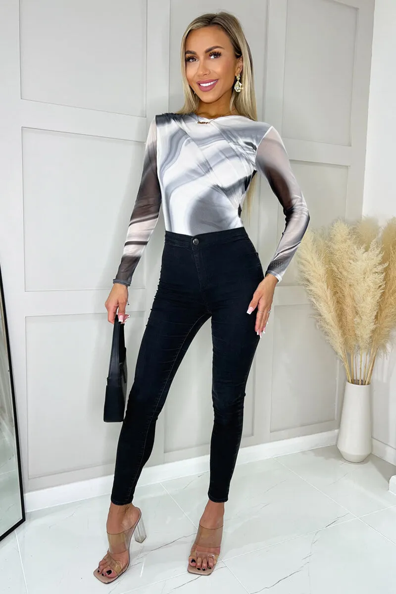 Black and White Wave Print Mesh Long Sleeve Bodysuit sold by AX Paris product image thumbnail 3