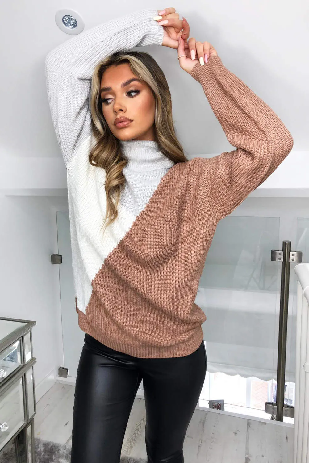 Grey Colour Block Roll Neck Knitted Jumper sold by AX Paris product image thumbnail 4