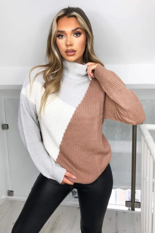 Grey Colour Block Roll Neck Knitted Jumper sold by AX Paris