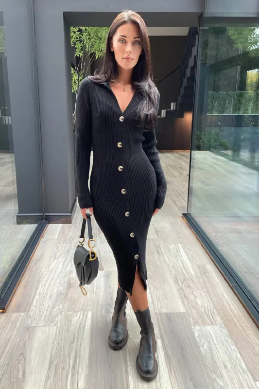 Black Knitted Button Front Midi Dress sold by AX Paris