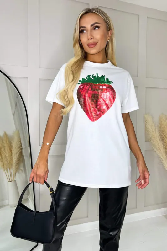White Glitter Strawberry Print T-Shirt sold by AX Paris