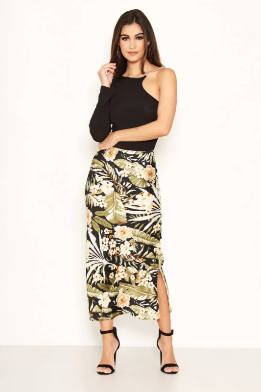 Black Floral Satin Midi Skirt sold by AX Paris