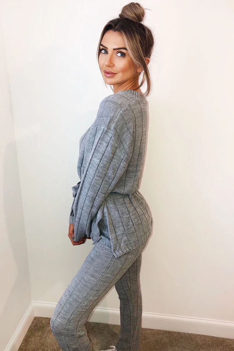 Grey Chunky Knit Tie Waist Lounge Suit sold by AX Paris product image thumbnail 4