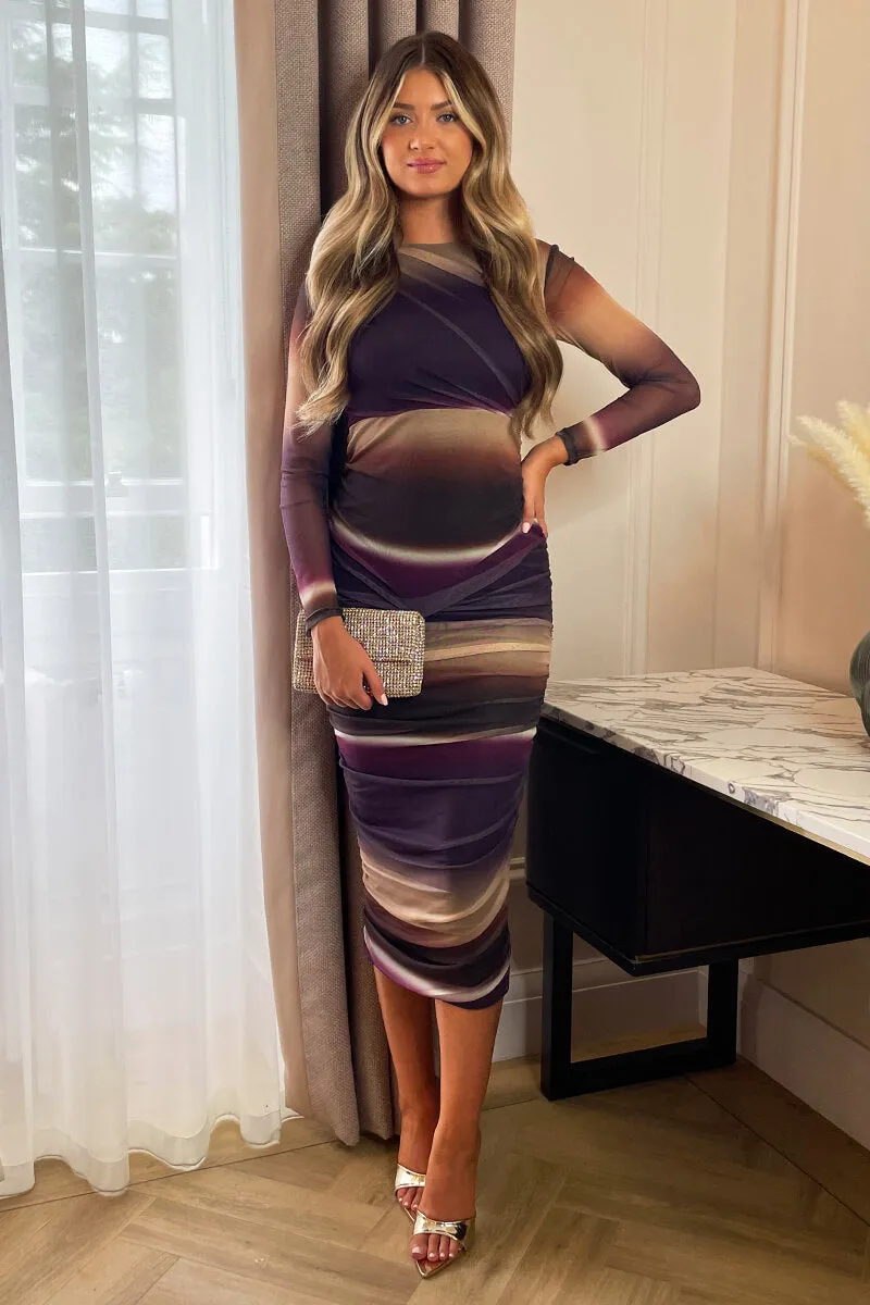 Plum Abstract Print Mesh Long Sleeve Bodycon Midi Dress sold by AX Paris