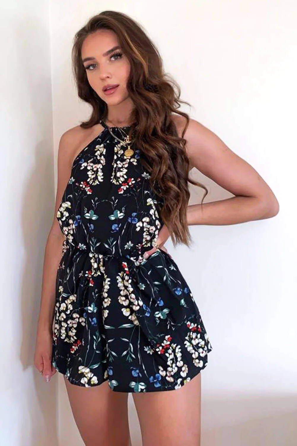 Black Floral Print Tie Waist Playsuit sold by AX Paris