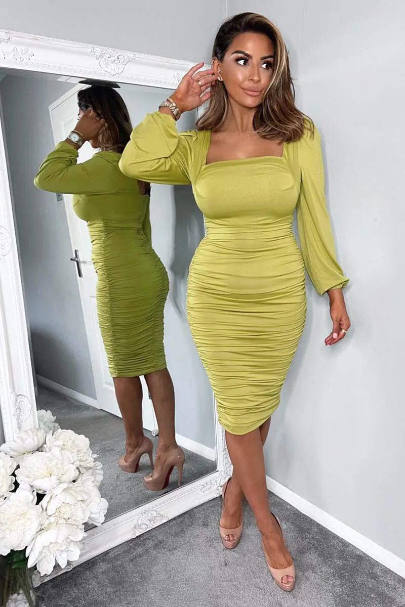 Lime Square Neck Ruched Long Sleeve Midi Dress sold by AX Paris product image thumbnail 4