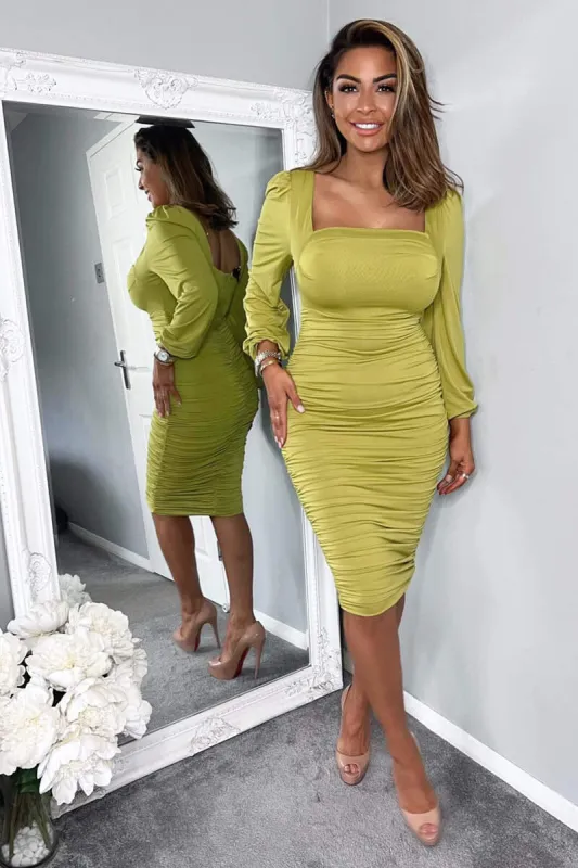 Lime Square Neck Ruched Long Sleeve Midi Dress sold by AX Paris