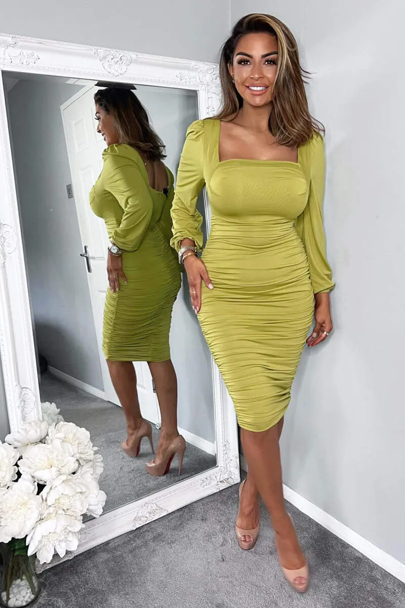 Lime Square Neck Ruched Long Sleeve Midi Dress sold by AX Paris