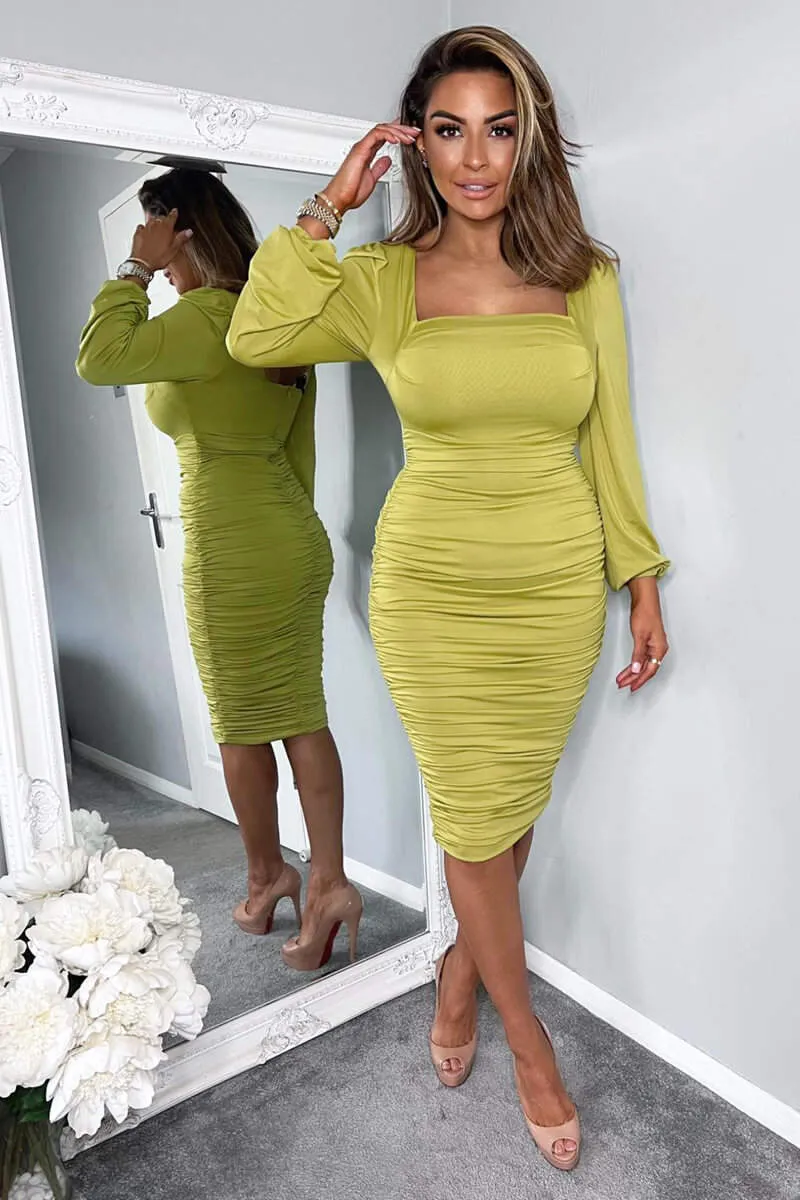 Lime Square Neck Ruched Long Sleeve Midi Dress sold by AX Paris product image thumbnail 2