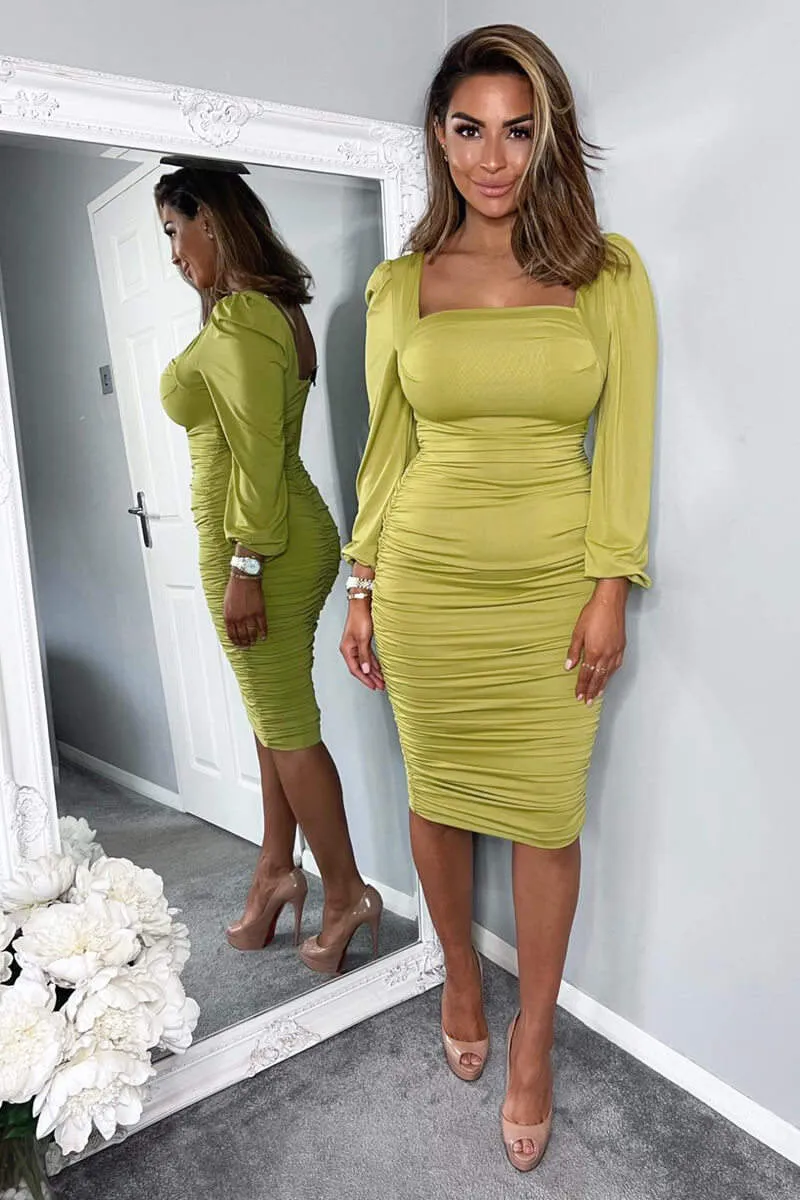 Lime Square Neck Ruched Long Sleeve Midi Dress sold by AX Paris product image thumbnail 3