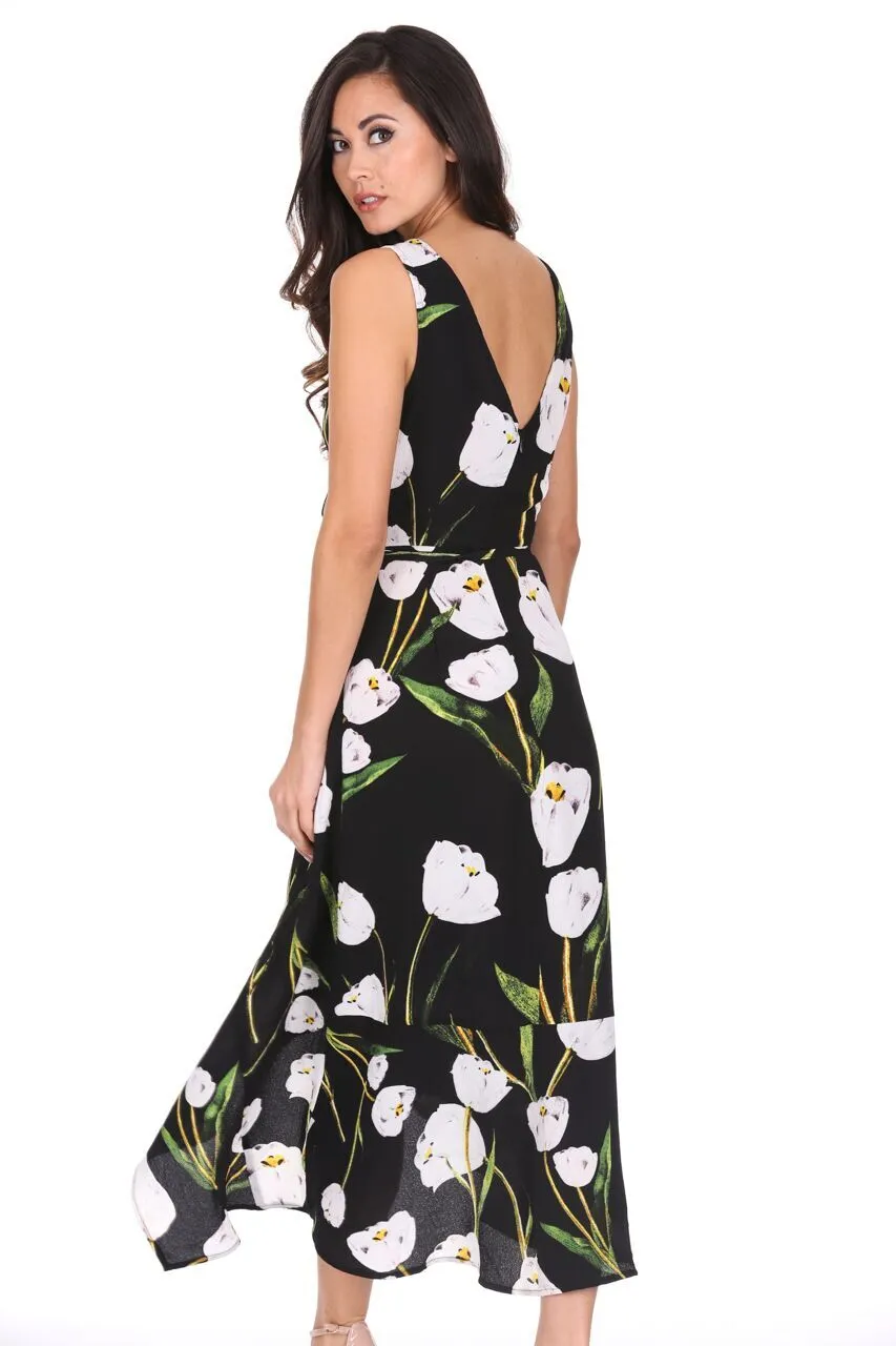 Black Floral V-Neck Wrap Over Dress sold by AX Paris product image thumbnail 3
