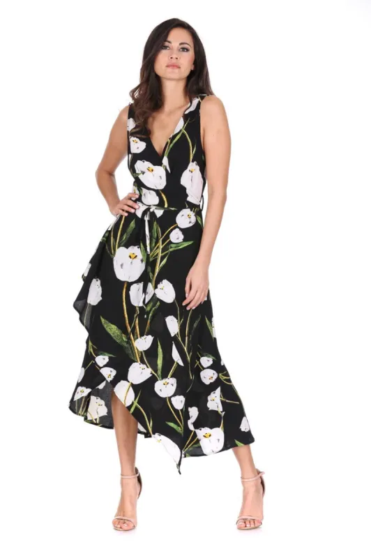 Black Floral V-Neck Wrap Over Dress sold by AX Paris