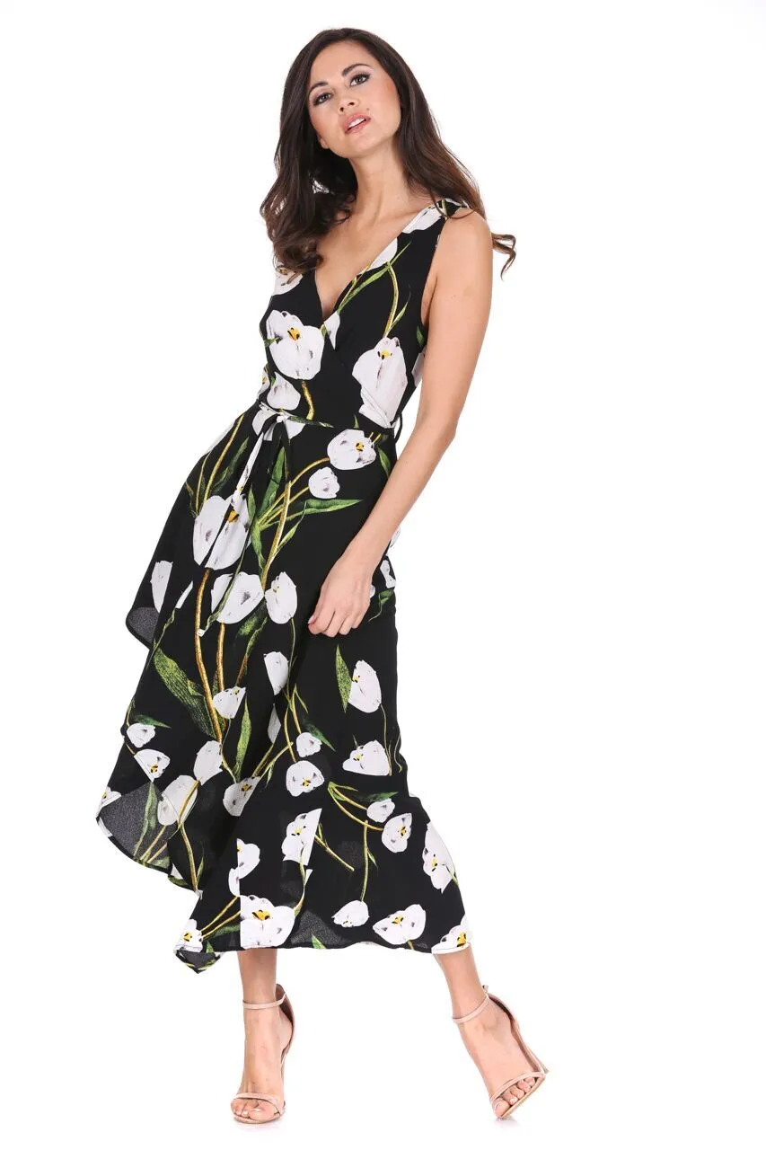 Black Floral V-Neck Wrap Over Dress sold by AX Paris product image thumbnail 2