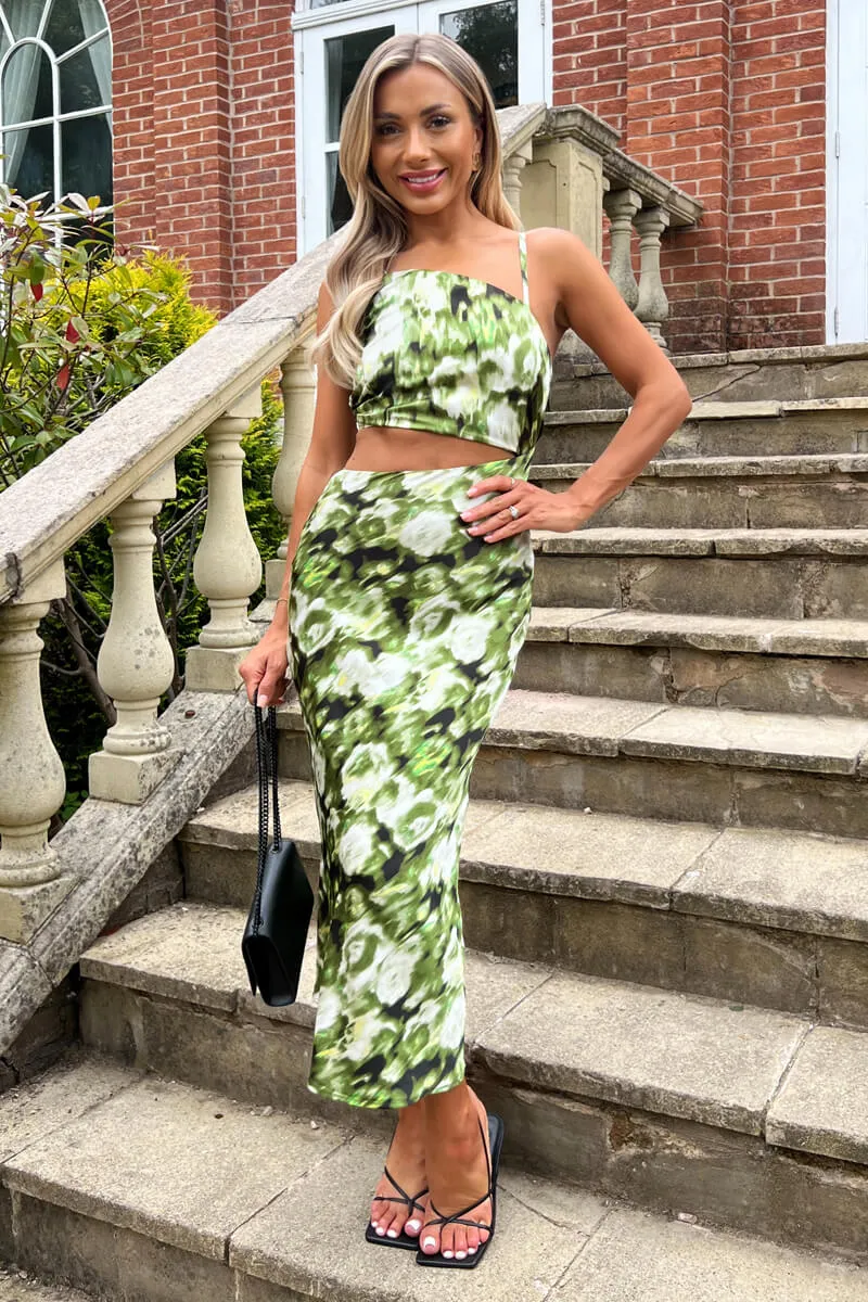 Green Printed Asymmetric Cut Out Midi Dress sold by AX Paris