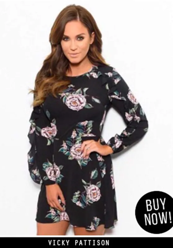 Black Bell Sleeve Floral Skater Dress sold by AX Paris