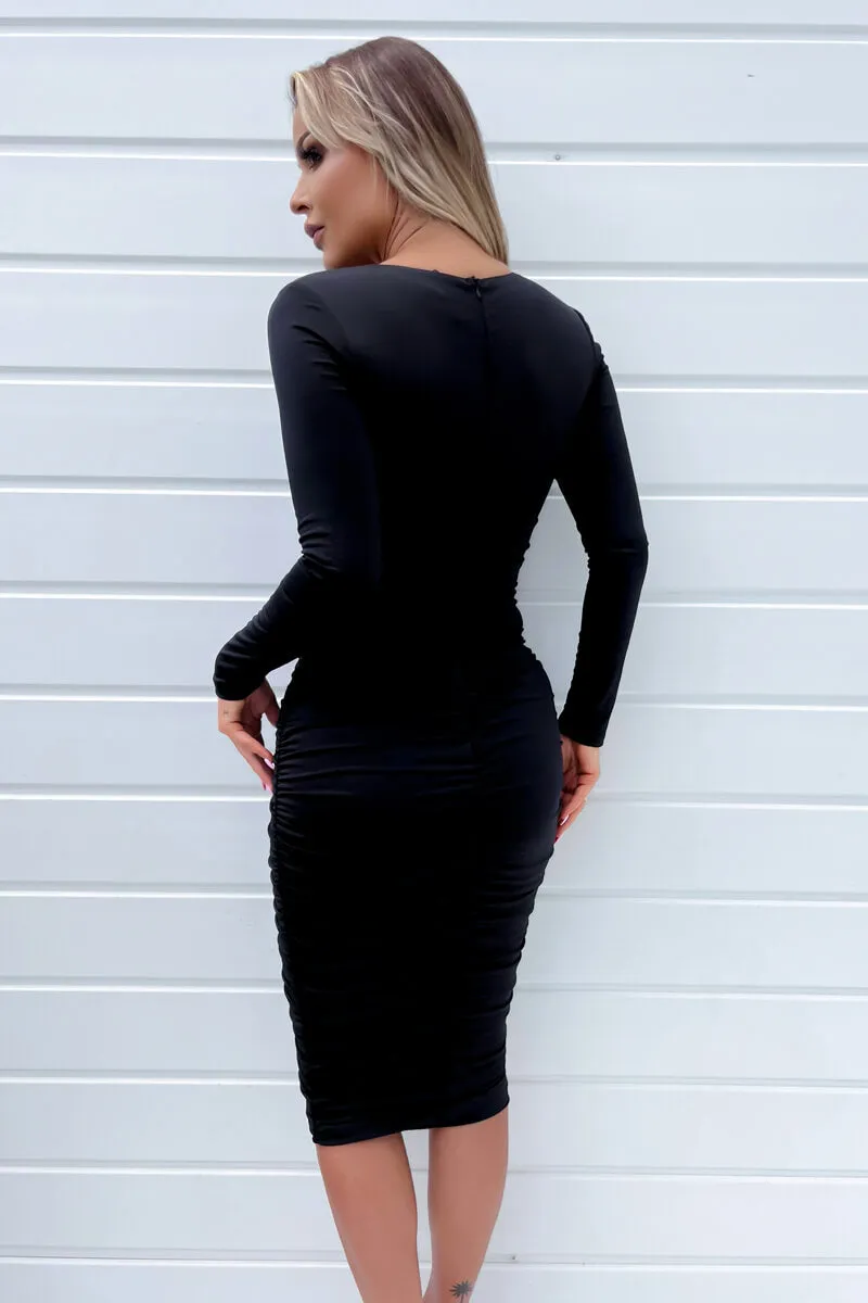 Black Long Sleeve Ruched Midi Bodycon Dress sold by AX Paris product image thumbnail 5