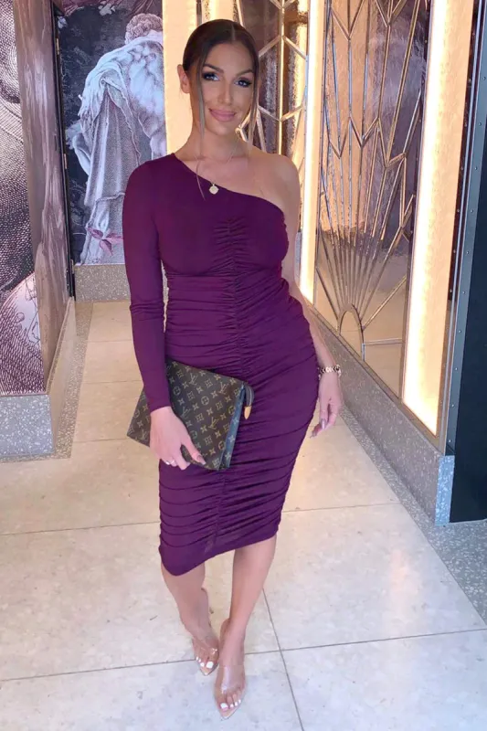 Plum One Shoulder Ruched Dress sold by AX Paris