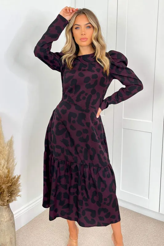 Plum And Black Animal Print Long Sleeve Midi Smock Dress sold by AX Paris