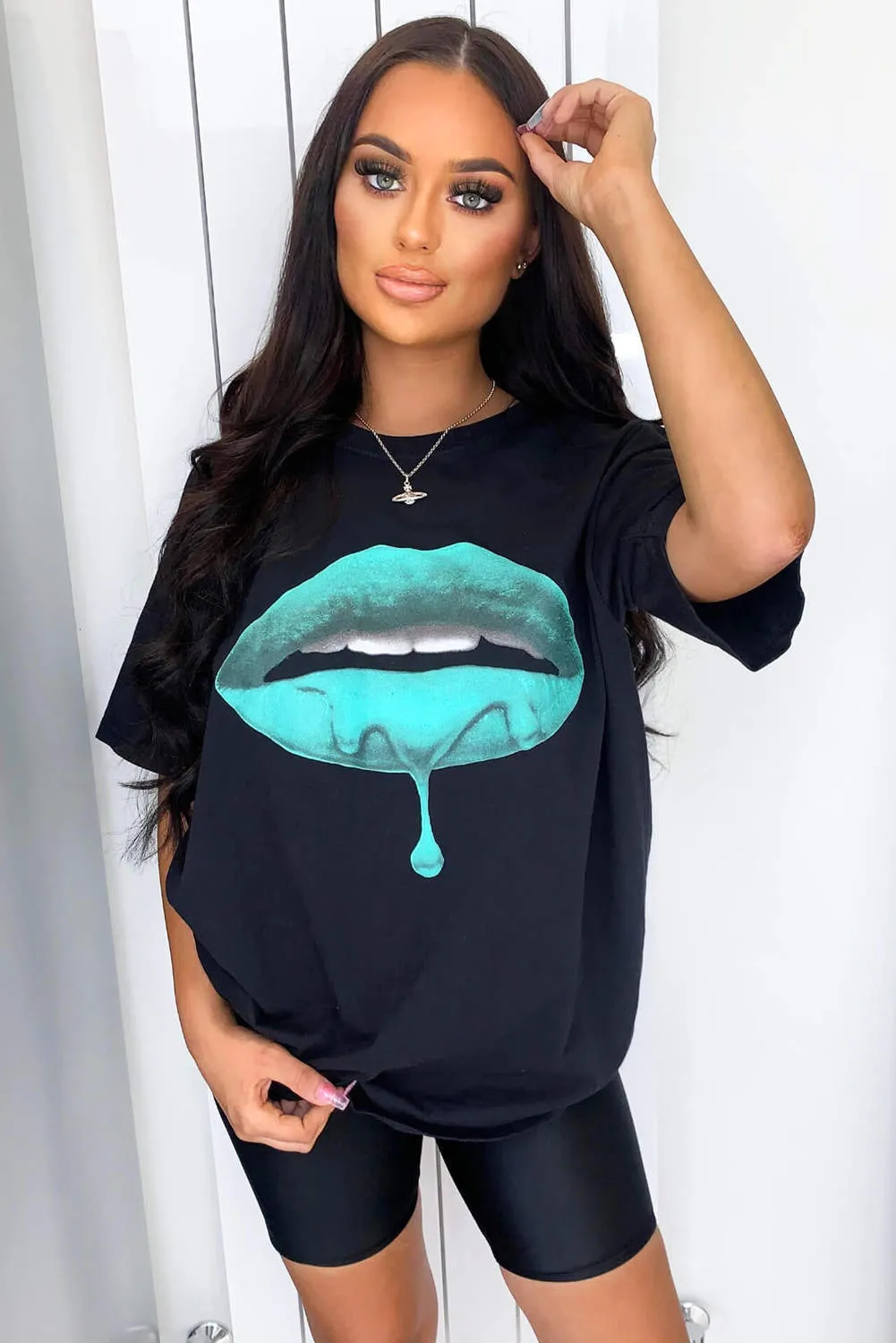 Black Green Lips T-Shirt sold by AX Paris product image thumbnail 3