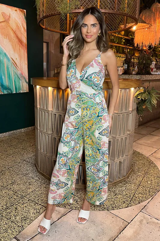Green Paisley Multi Print V Neck Jumpsuit sold by AX Paris