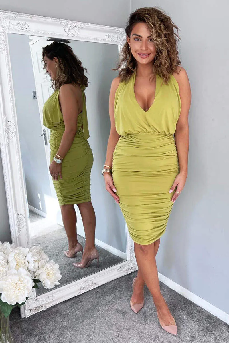 Lime Halter Tie Neck Ruched Midi Bodycon Dress sold by AX Paris product image thumbnail 2
