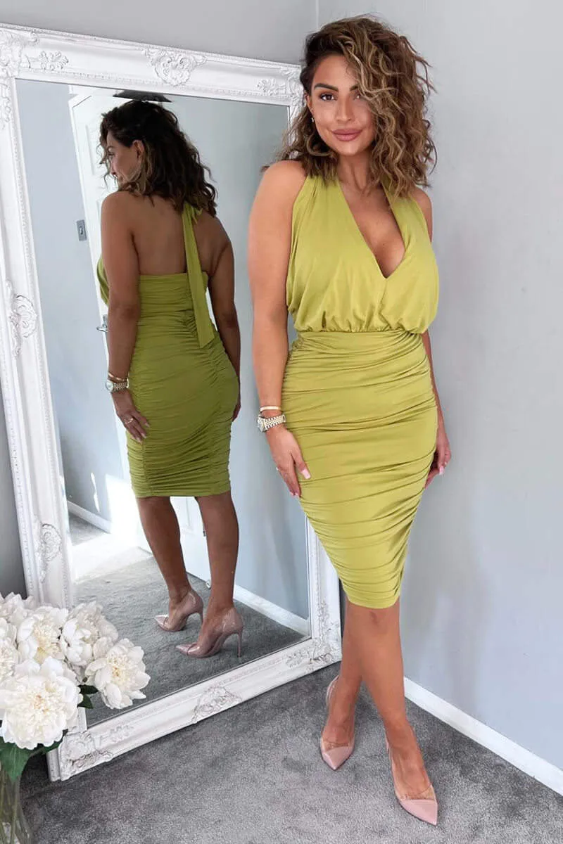 Lime Halter Tie Neck Ruched Midi Bodycon Dress sold by AX Paris product image thumbnail 3