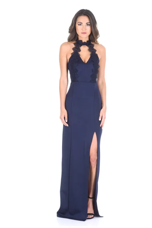 Navy Crochet Top Maxi dress with Thigh High Split sold by AX Paris