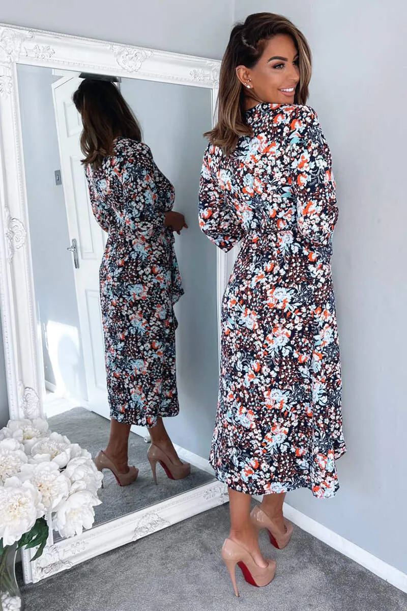 Navy Floral Wrap Tie Front Midi Dress sold by AX Paris product image thumbnail 5