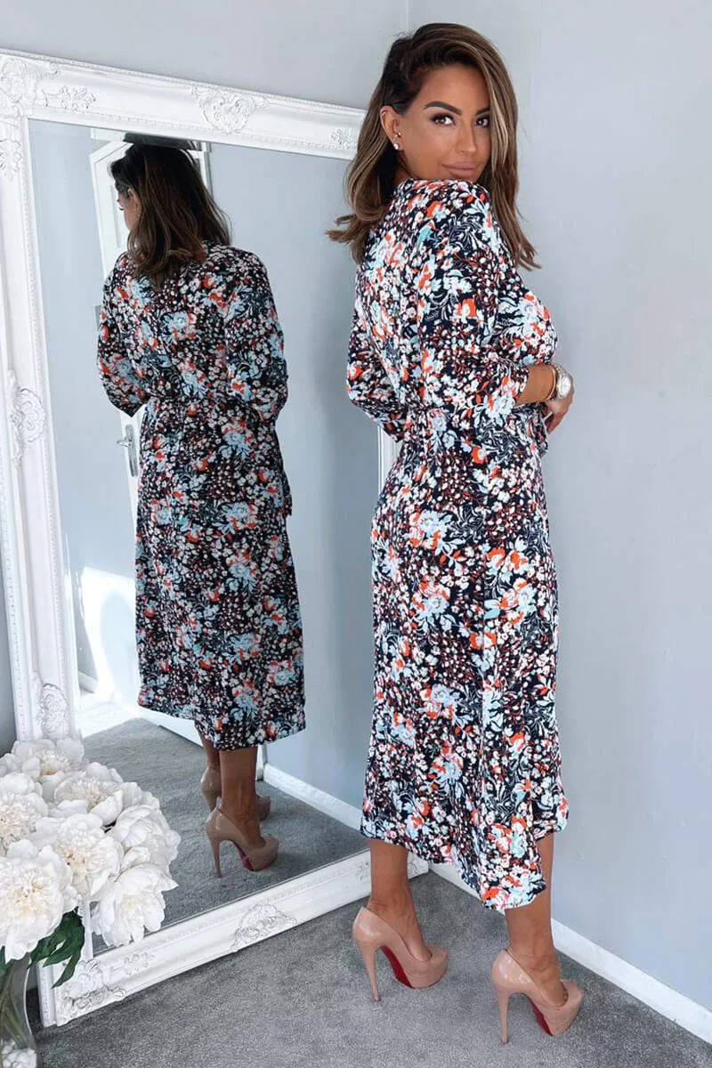 Navy Floral Wrap Tie Front Midi Dress sold by AX Paris product image thumbnail 4