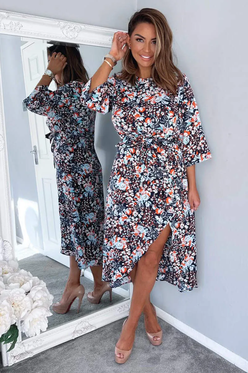 Navy Floral Wrap Tie Front Midi Dress sold by AX Paris