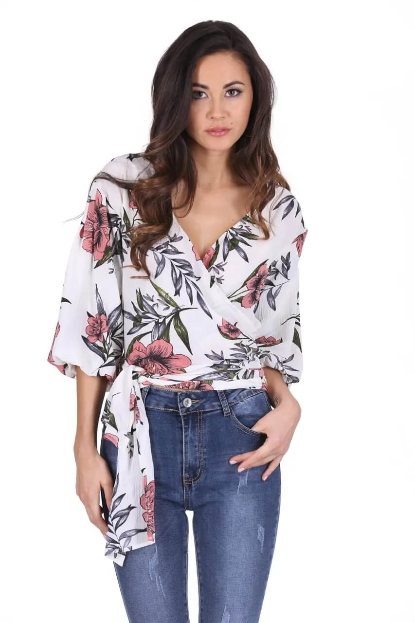 Cream Floral Wrap Top sold by AX Paris
