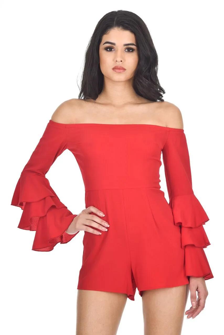 Red Ruffle Sleeve Playsuit sold by AX Paris