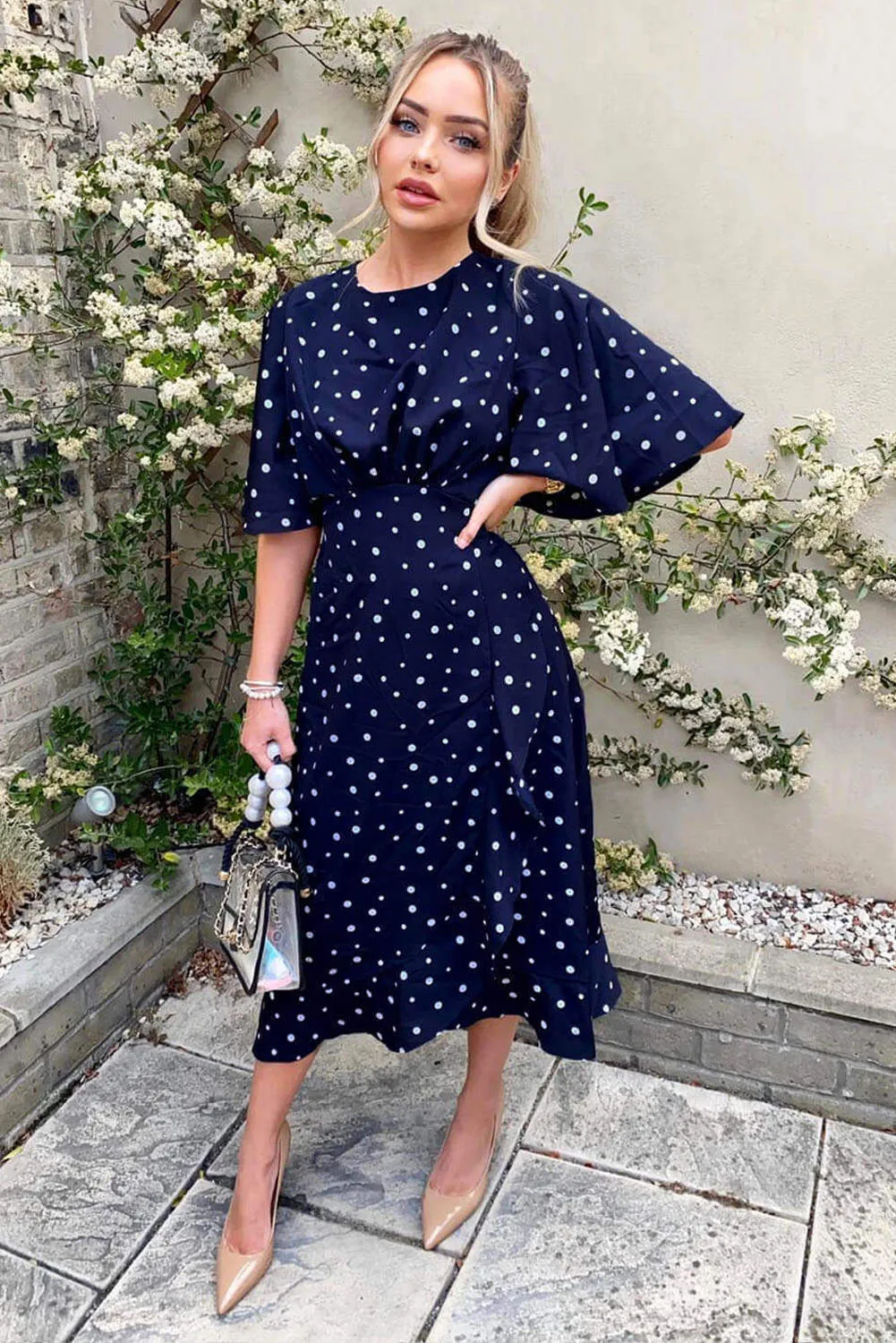Navy Polka Dot Wrap Frill Midi Dress sold by AX Paris