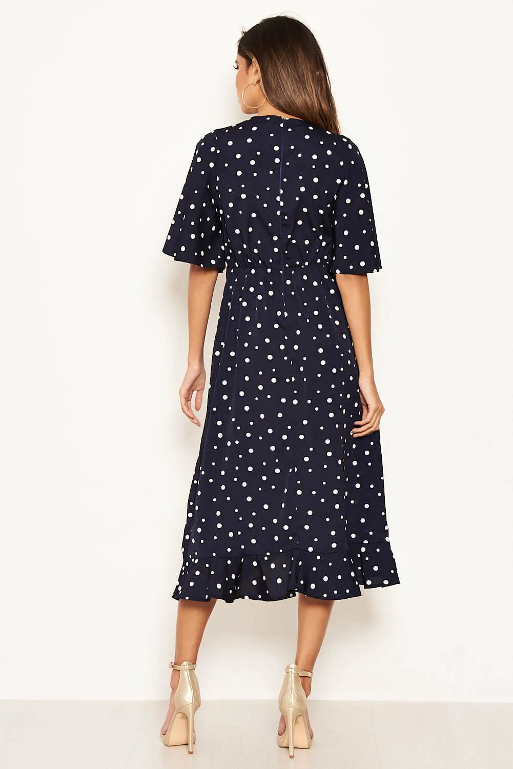 Navy Polka Dot Wrap Frill Midi Dress sold by AX Paris product image thumbnail 5