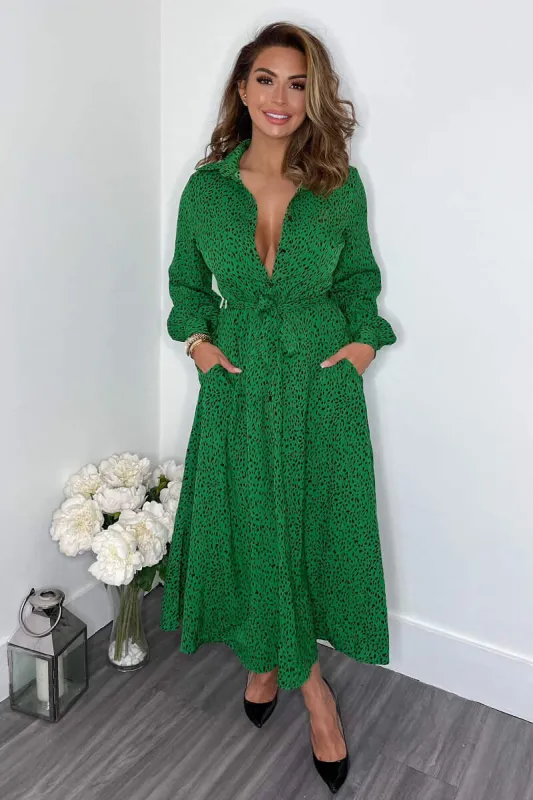 Green Printed Button Up Midi Shirt Dress sold by AX Paris
