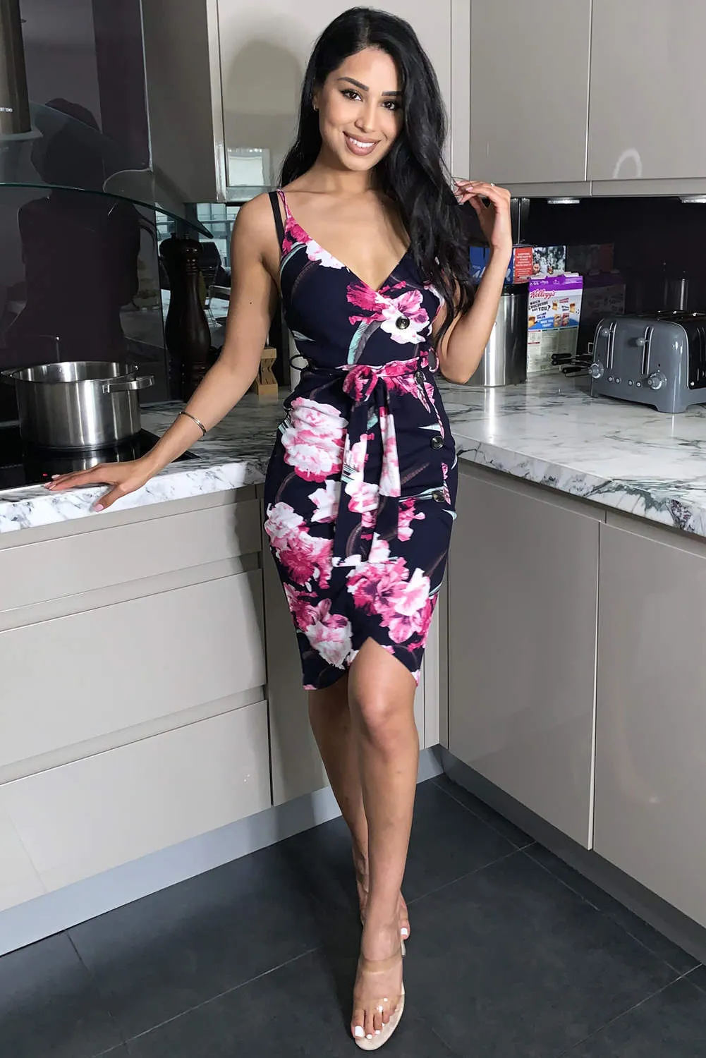 Navy Floral Button Wrap Dress sold by AX Paris product image thumbnail 2