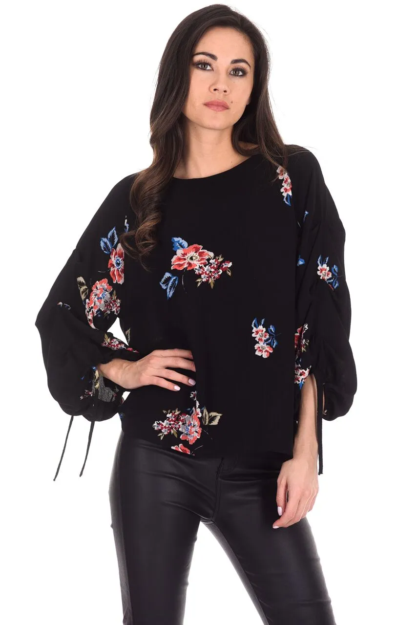 Black Floral Tie Sleeve Top sold by AX Paris