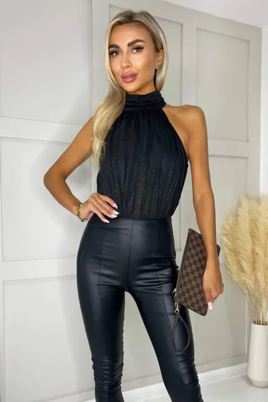 Black Shimmer Halterneck Bodysuit sold by AX Paris