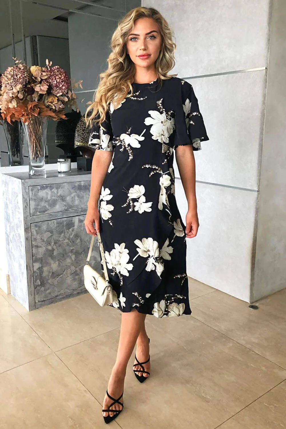 Navy Floral Gathered Frill Midi Dress sold by AX Paris