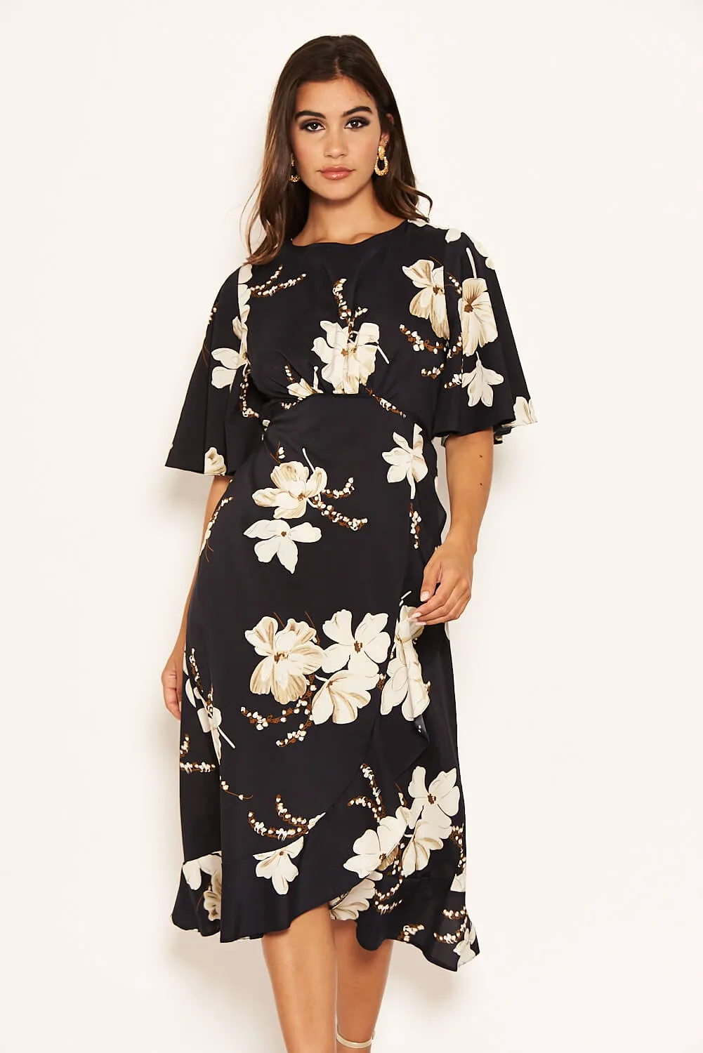 Navy Floral Gathered Frill Midi Dress sold by AX Paris product image thumbnail 5