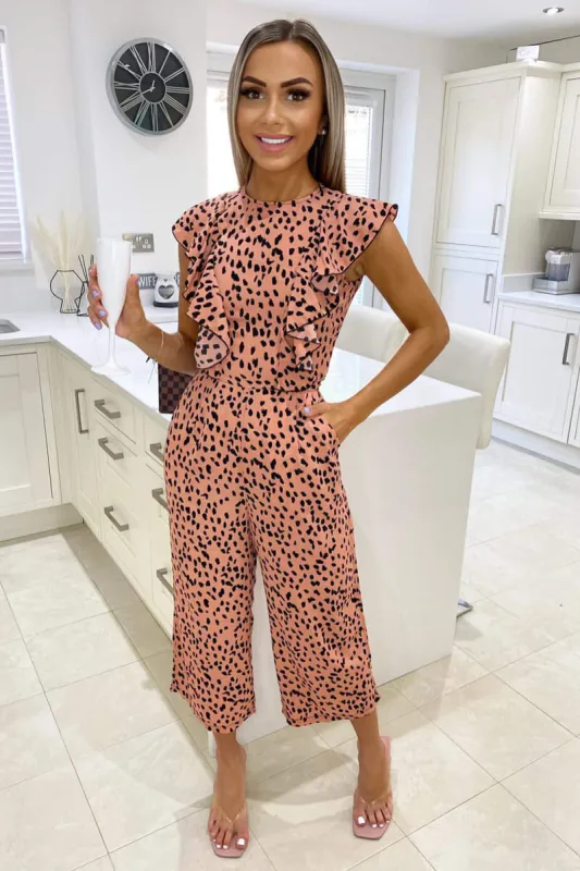Peach Printed Frill Detail Jumpsuit sold by AX Paris