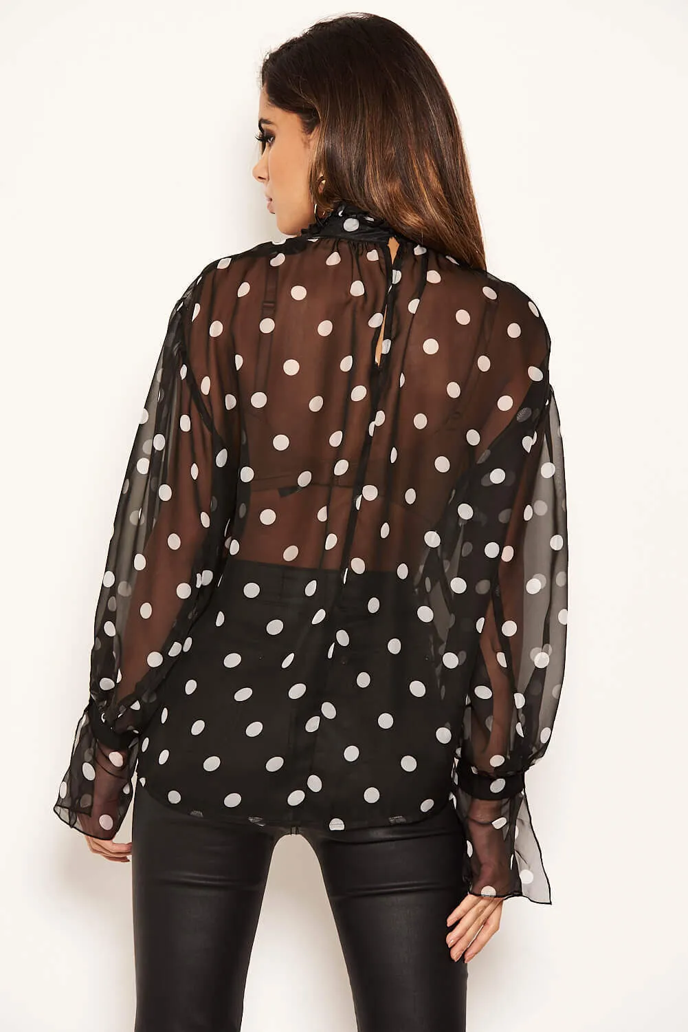 Black Polka Dot Chiffon High Frill Neck Top sold by AX Paris product image thumbnail 5