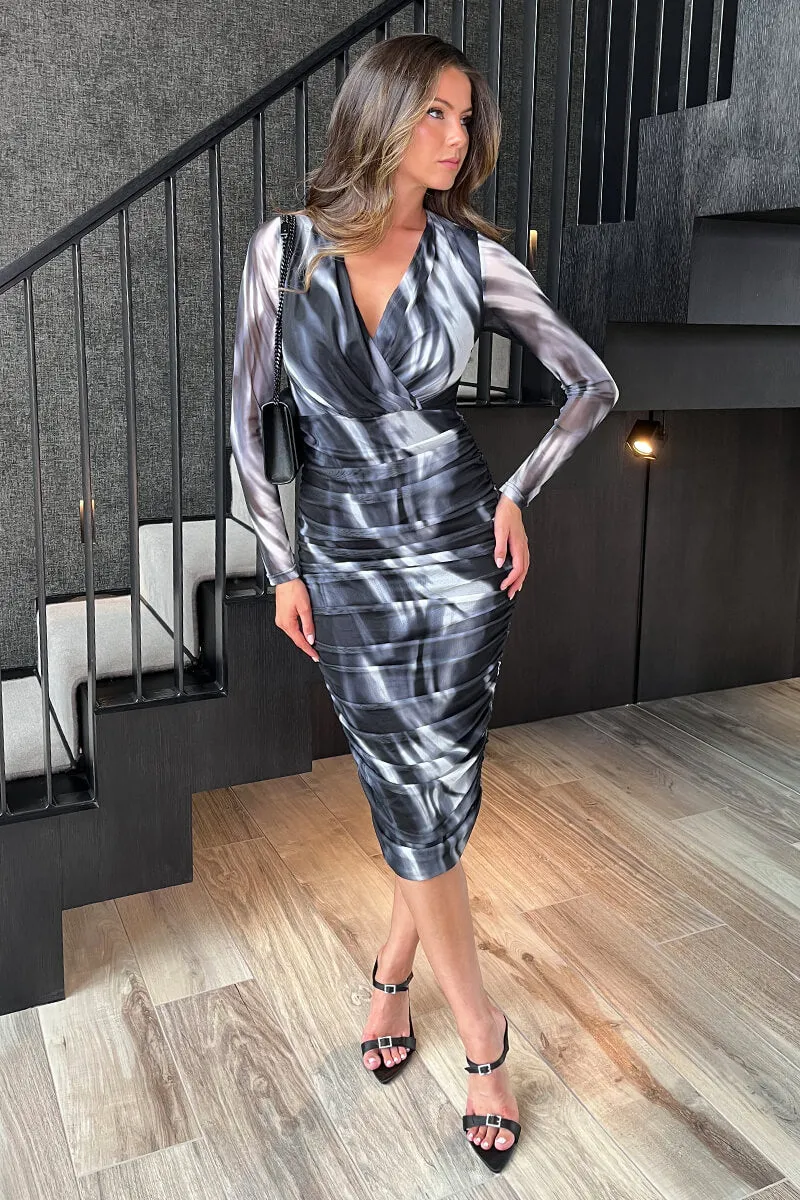 Black And White Marble Print Wrap Long Sleeve Ruched Mesh Midi Dress sold by AX Paris product image thumbnail 3