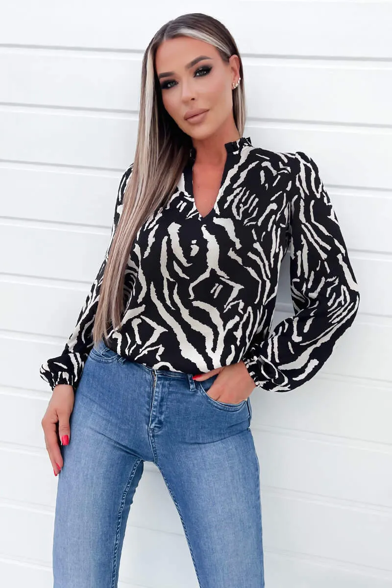 Black Animal Print Ruffle Neck Long Sleeve Top sold by AX Paris product image thumbnail 3
