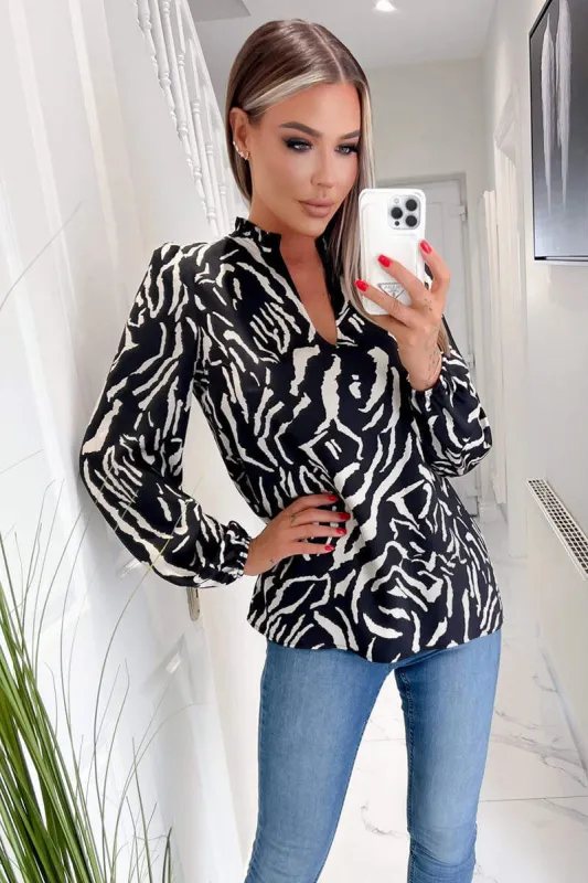 Black Animal Print Ruffle Neck Long Sleeve Top sold by AX Paris