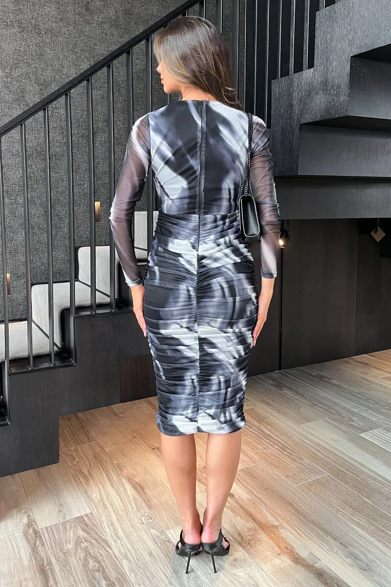 Black And White Marble Print Wrap Long Sleeve Ruched Mesh Midi Dress sold by AX Paris product image thumbnail 5